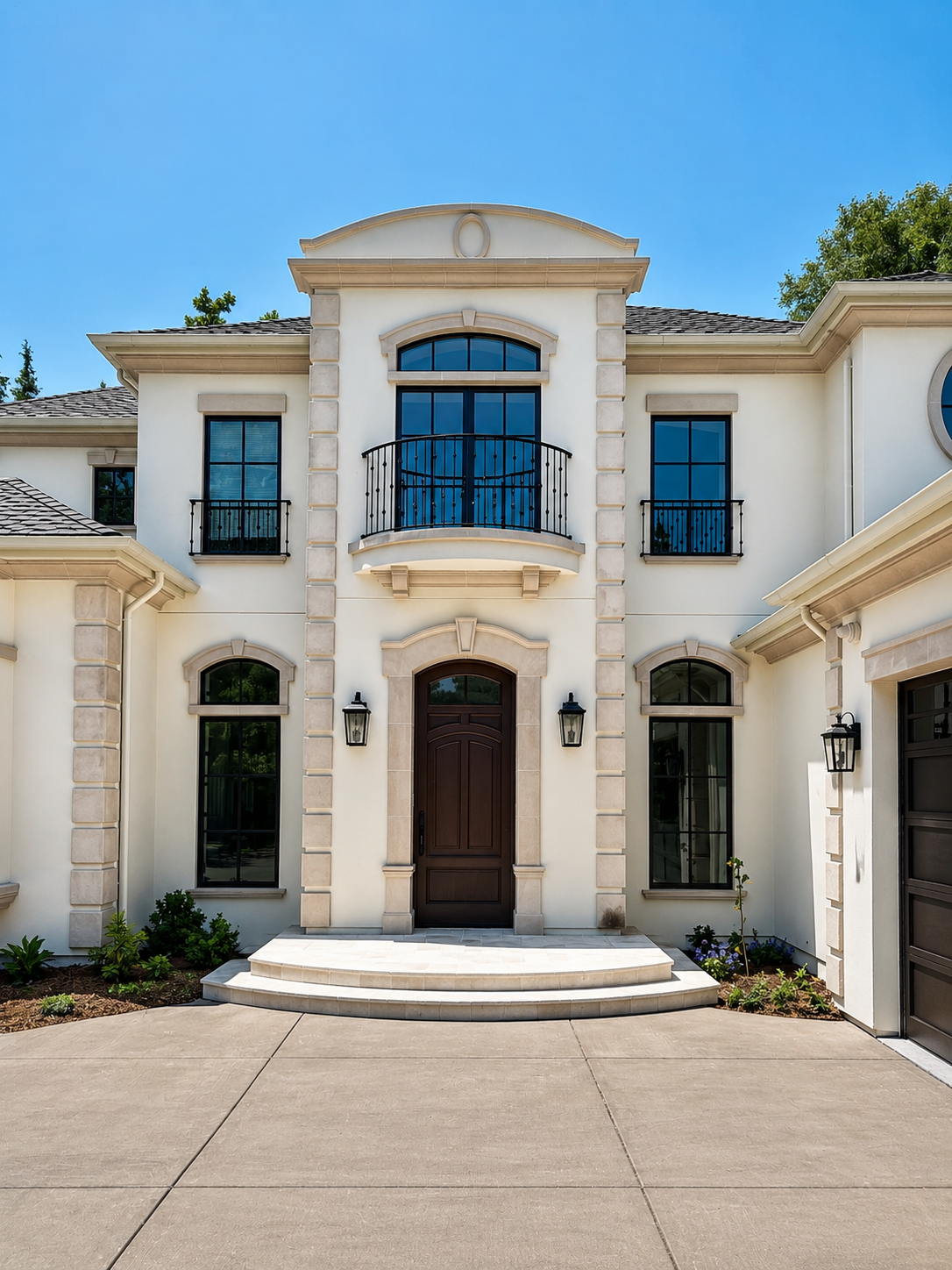 Classic home facade with black balcony railings