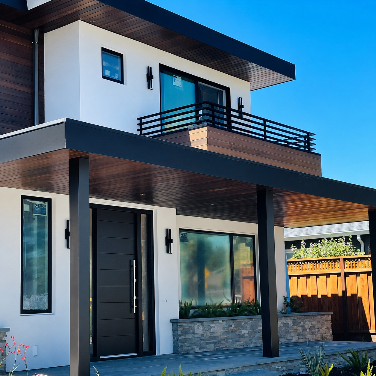 Modern house balcony with black horizontal railing and wood facade