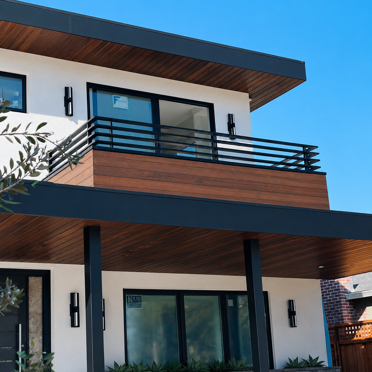 Upper balcony with black railing on modern wood and stucco house