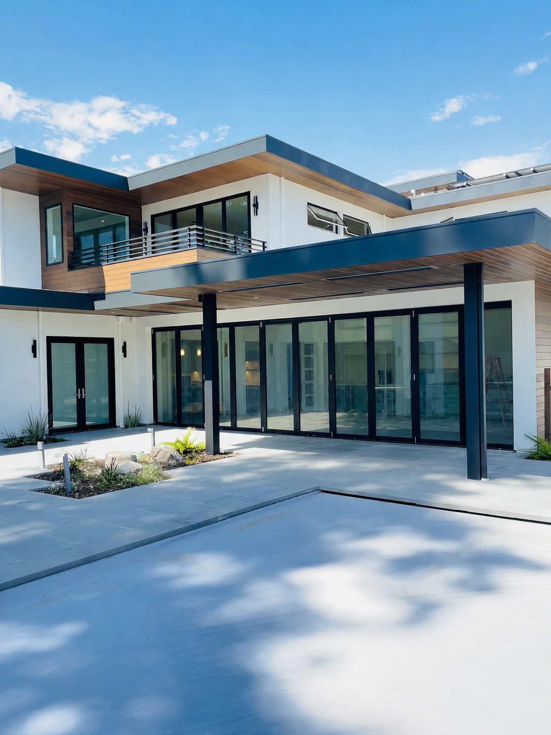 Modern home exterior with upper balcony railing and black metal patio structure