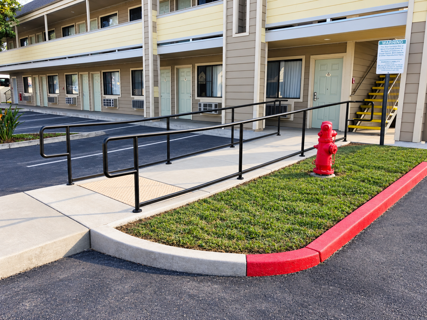 Commercial accessibility ramp with black pipe handrails outside motel rooms