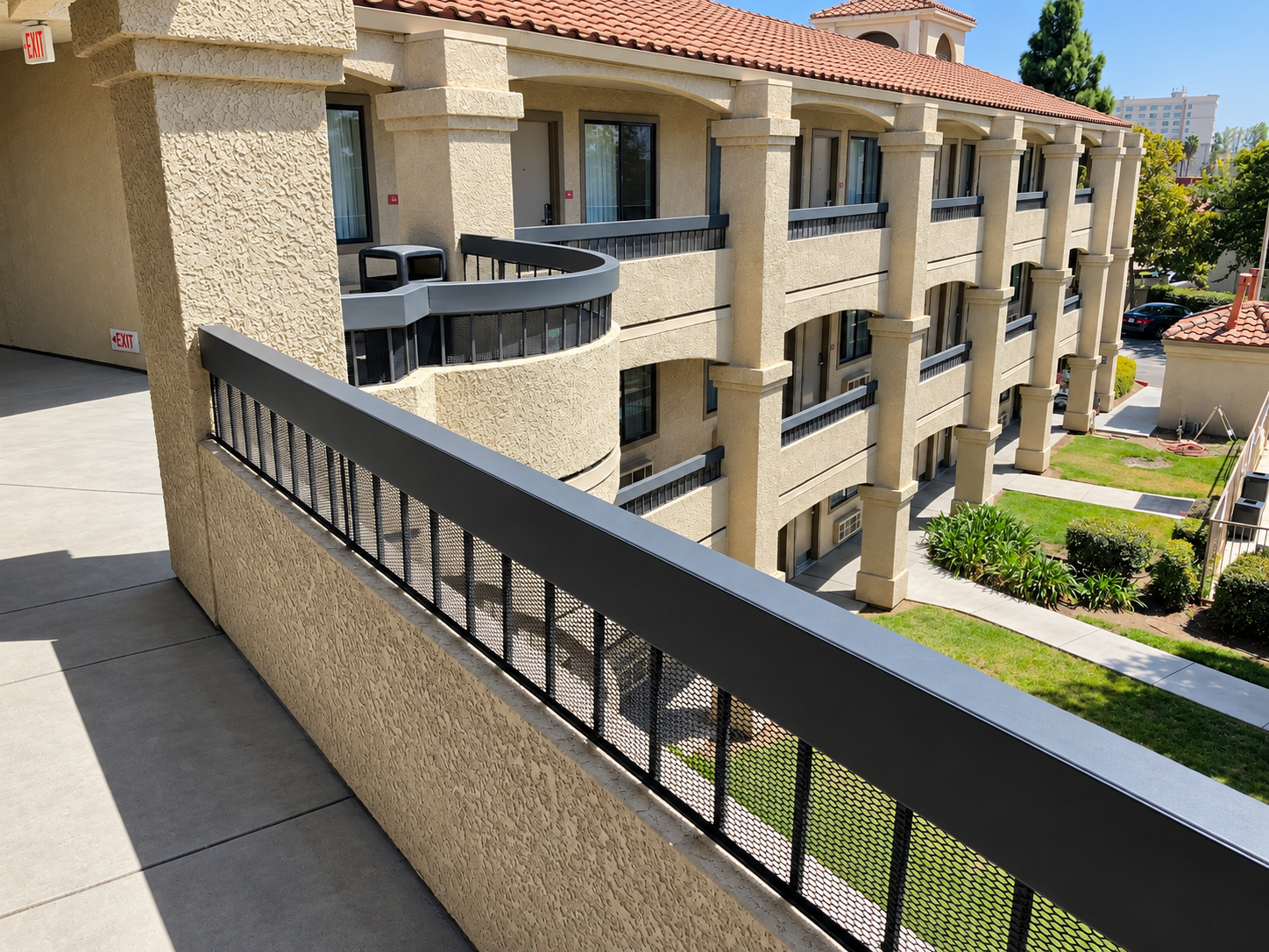 Commercial balcony railing overview on hotel walkway