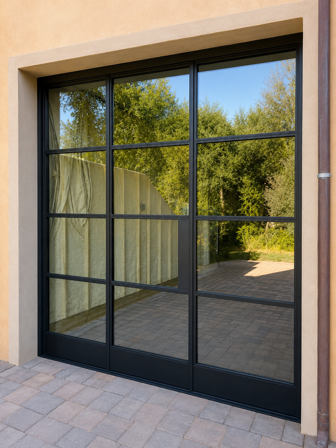 Close view of black grid glass patio doors with tree reflections