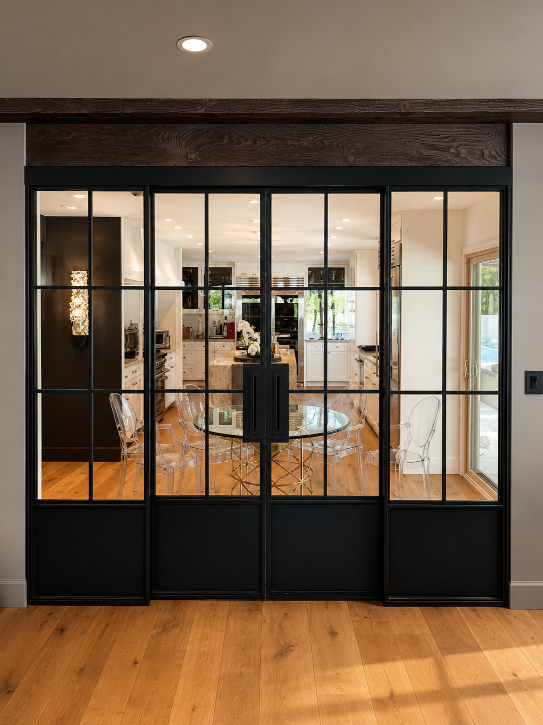 Black interior glass metal doors opening into kitchen