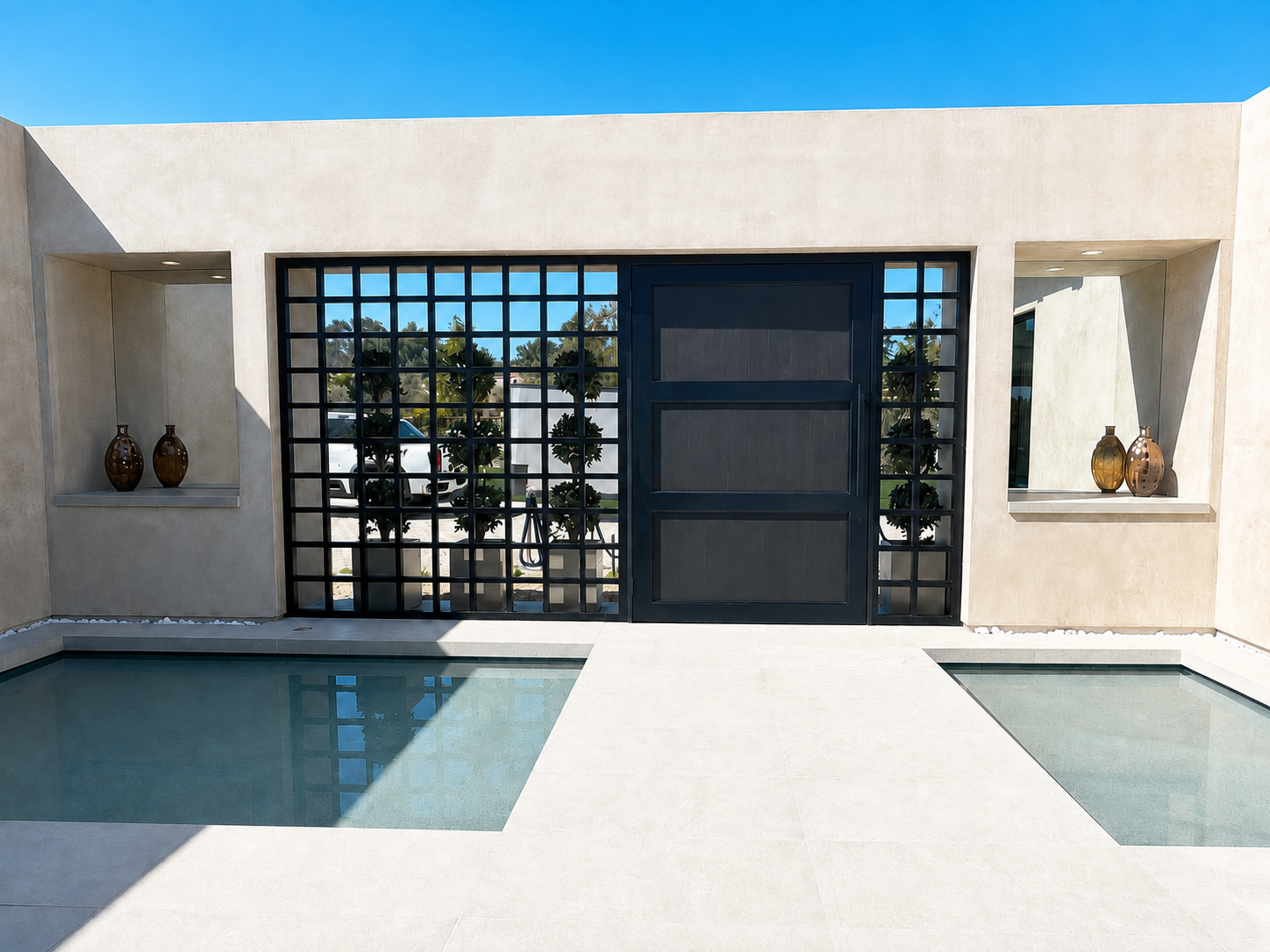 Modern black entry gate and door with poolside grid panels