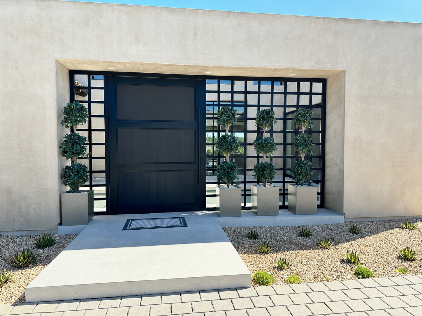 Modern black entry gate and door with grid side panels