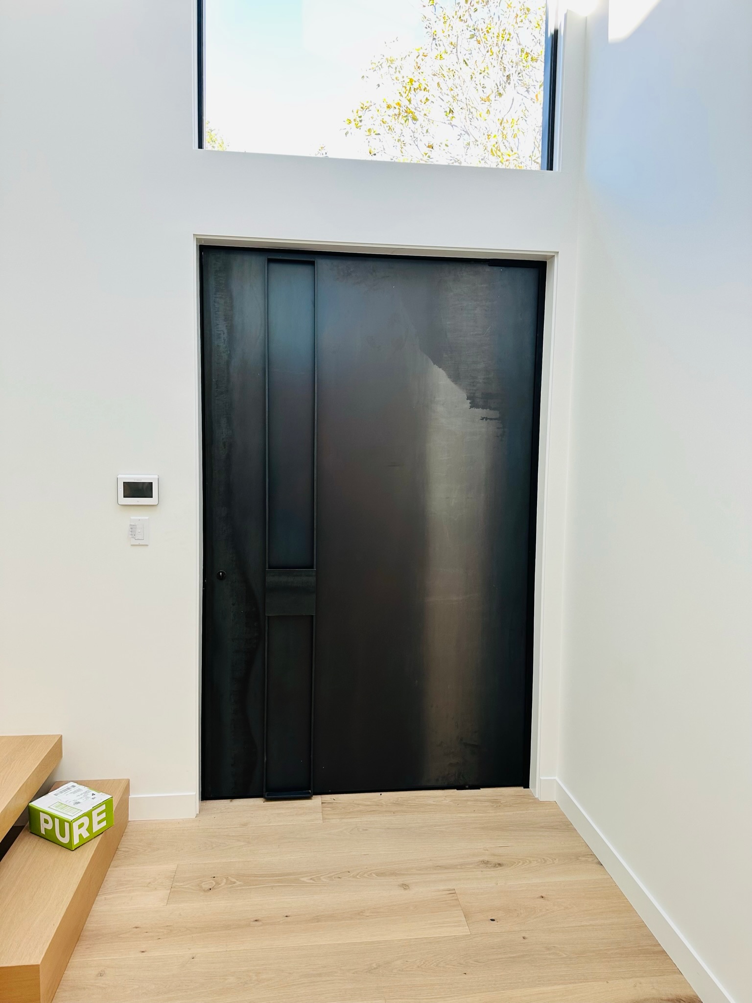 Tall interior black steel pivot door below clerestory window
