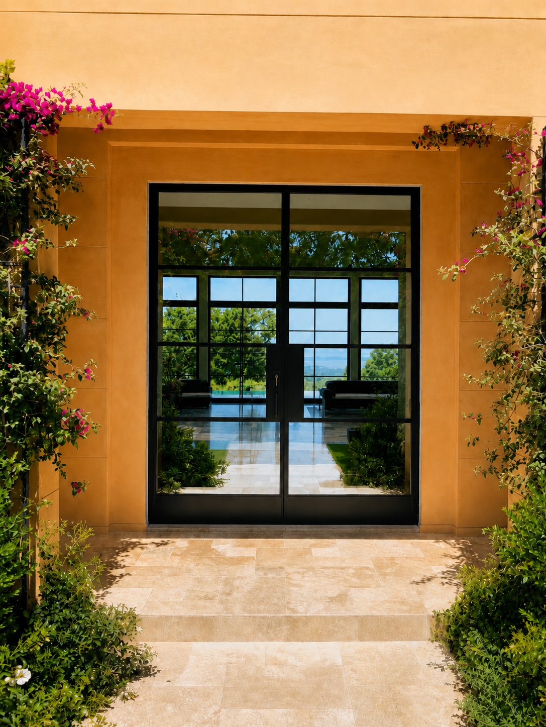 Black metal and glass entry door framed by orange stucco and flowering plants