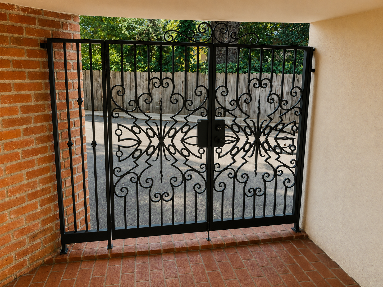 Interior view of black ornamental double gate with scrollwork