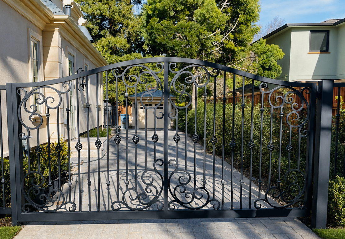 Close front view of black ornamental driveway gate with scrollwork