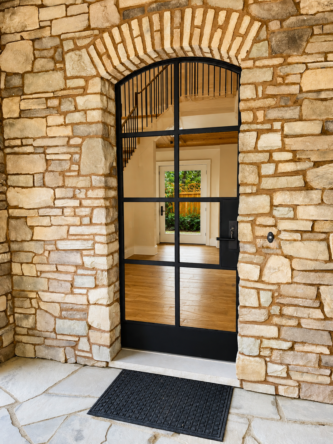 Black arched glass metal door set in a stone entry