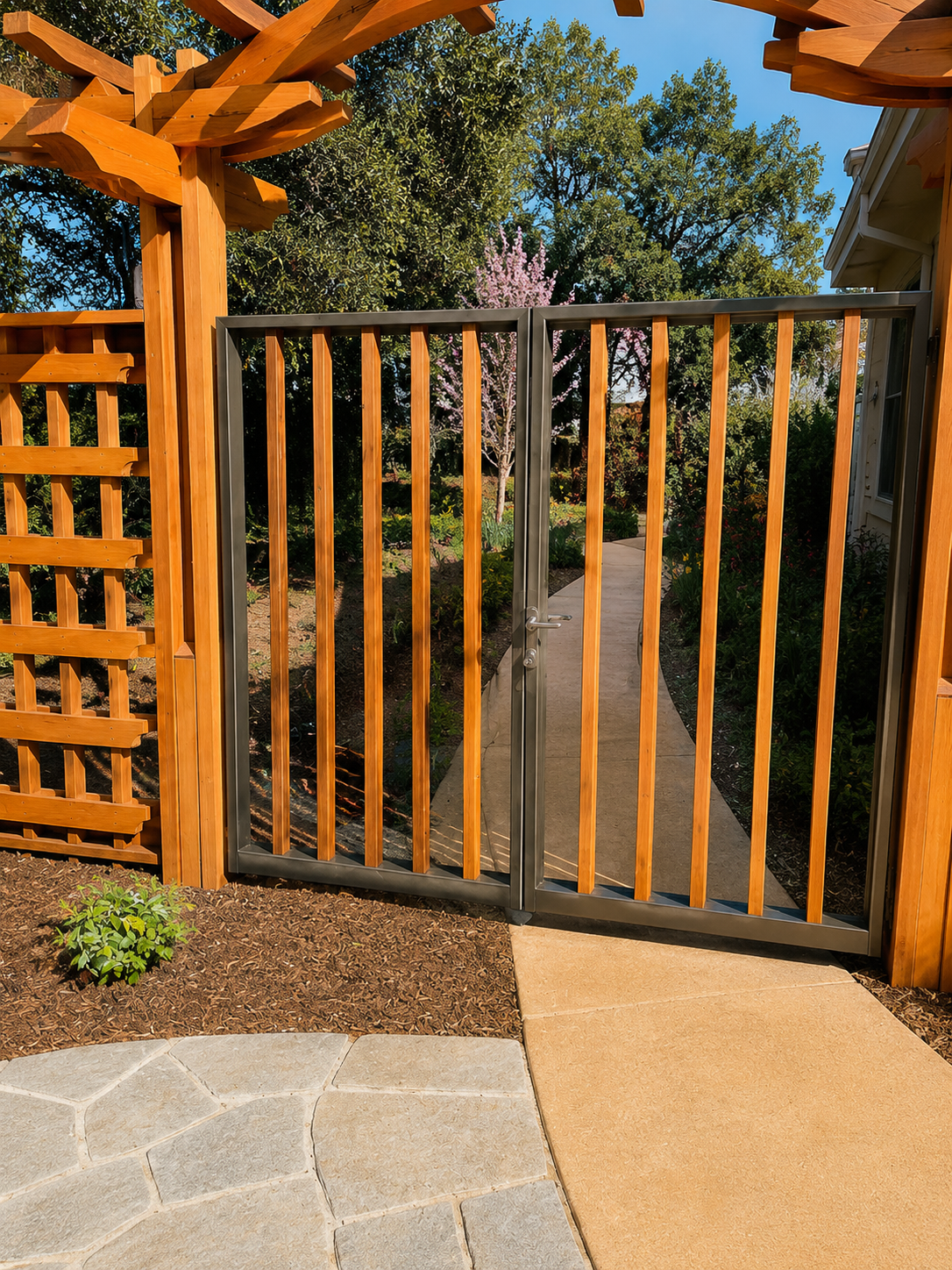 Close view of wood and black metal garden gate with vertical wood slats