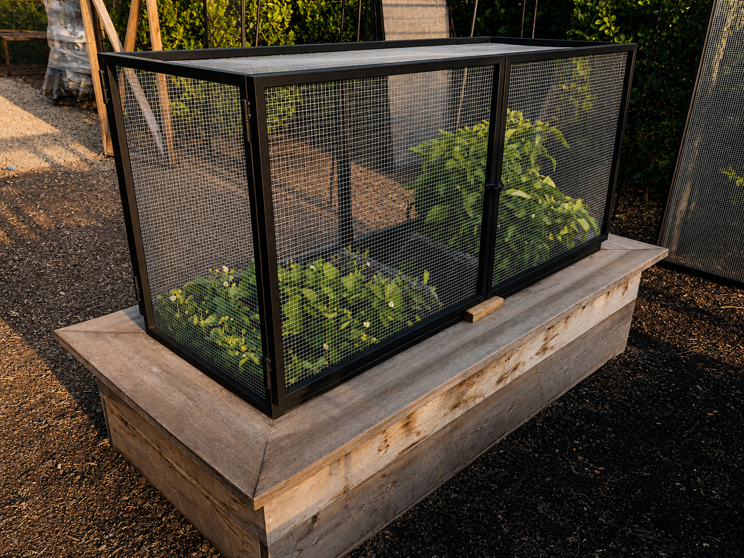Black mesh garden enclosure on a wood planter box