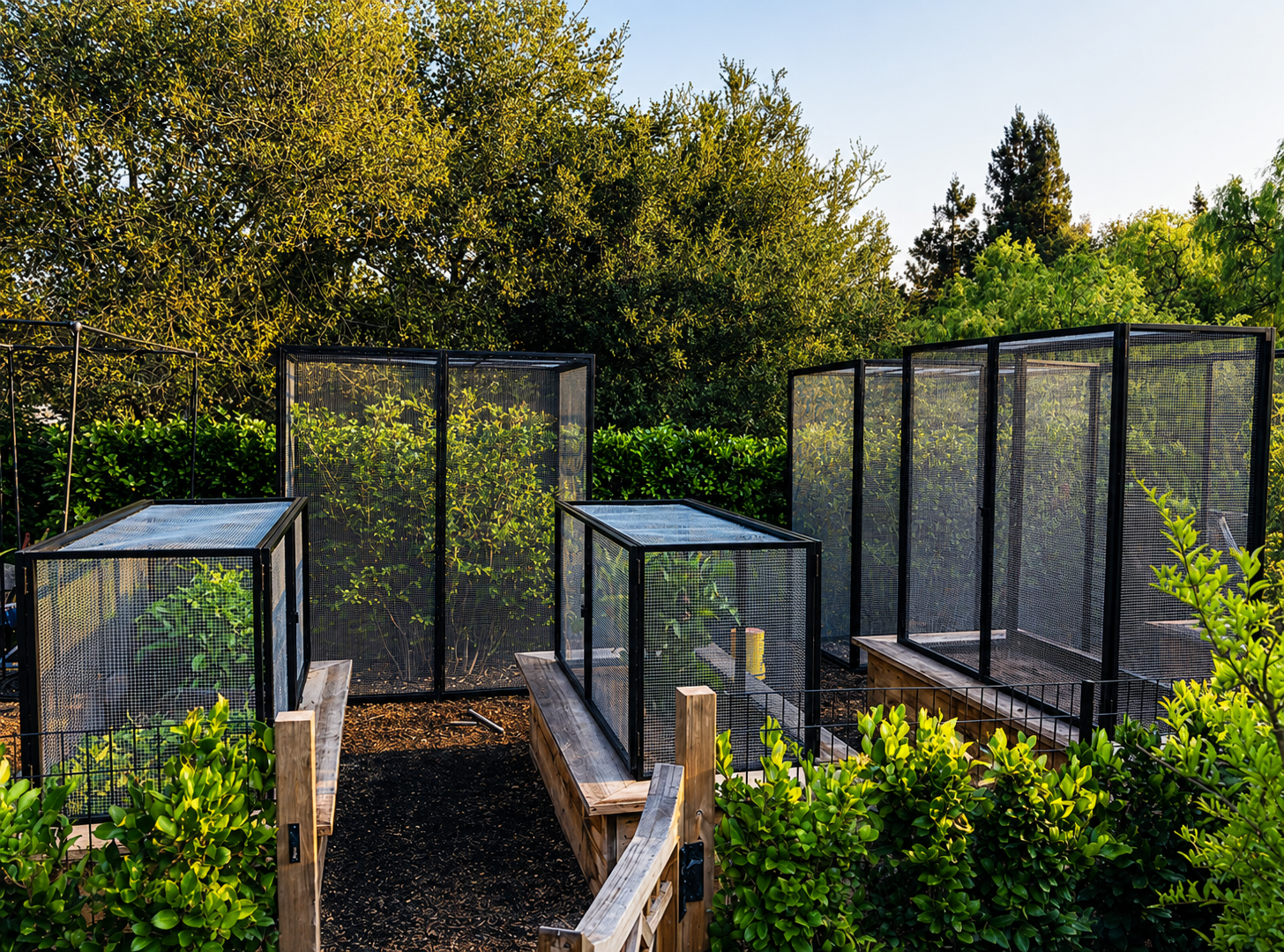Garden area with multiple black mesh plant enclosures