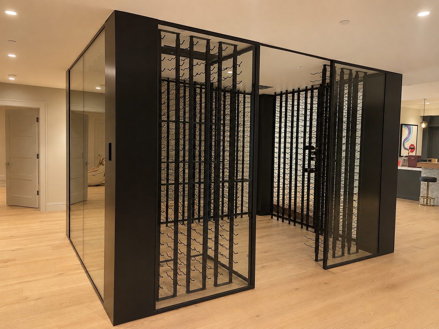 Black metal and glass wine room with integrated bottle racks