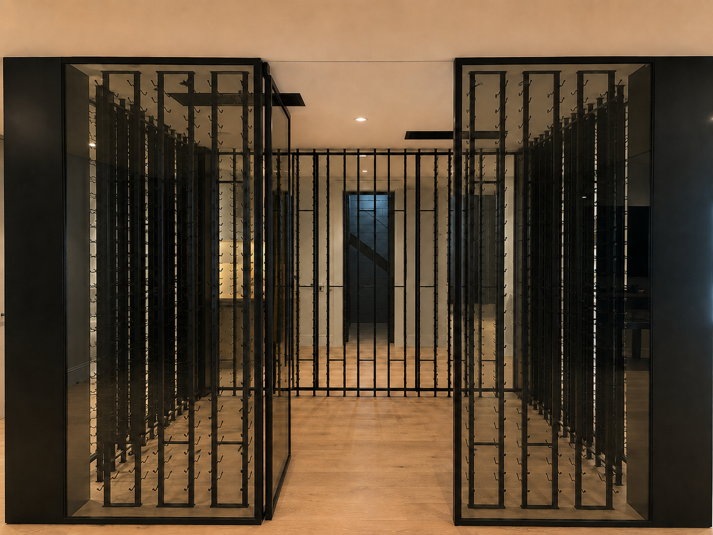 Front view of black metal and glass wine room enclosure