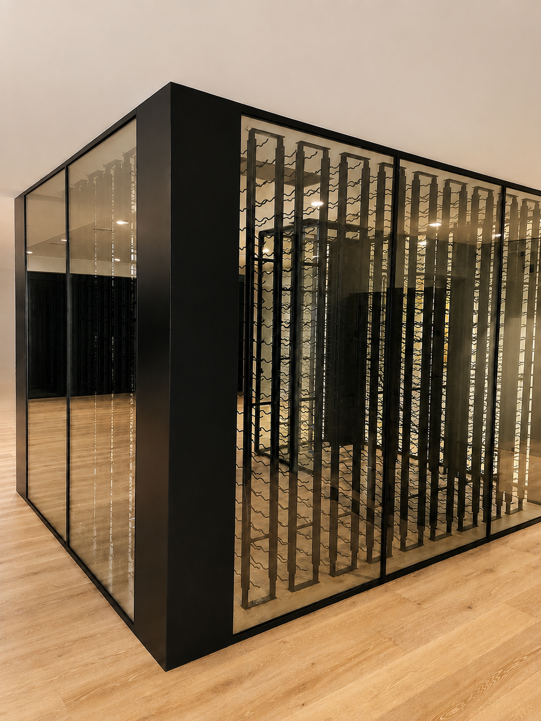 Angled view of black metal and glass wine room with bottle rack details