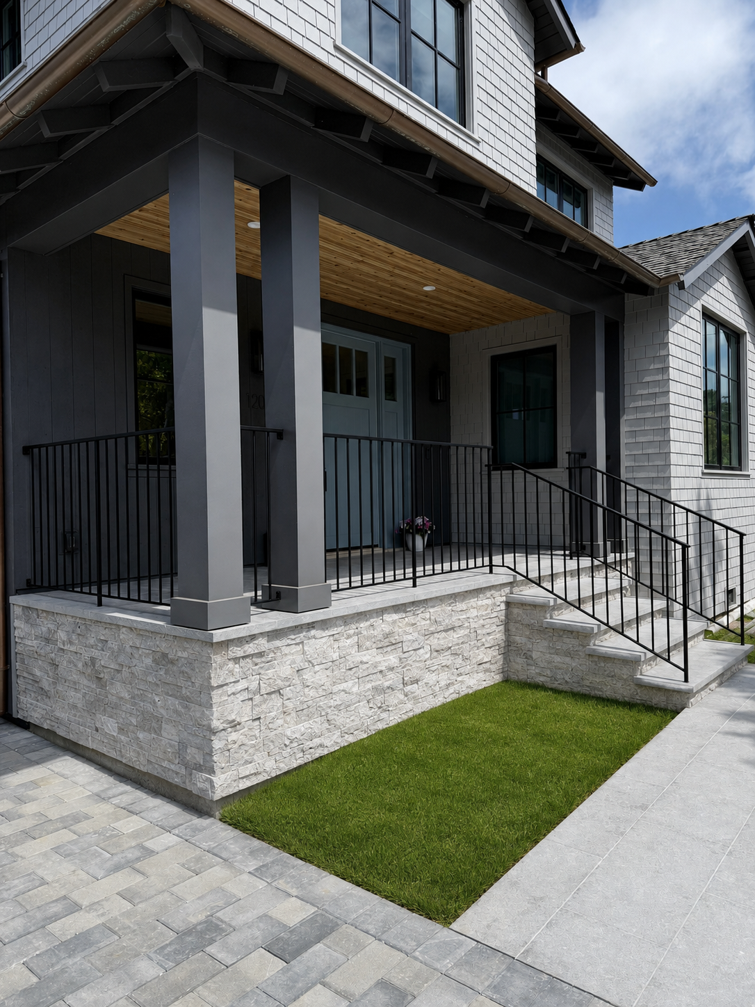 Black exterior porch and stair railing on stone entry