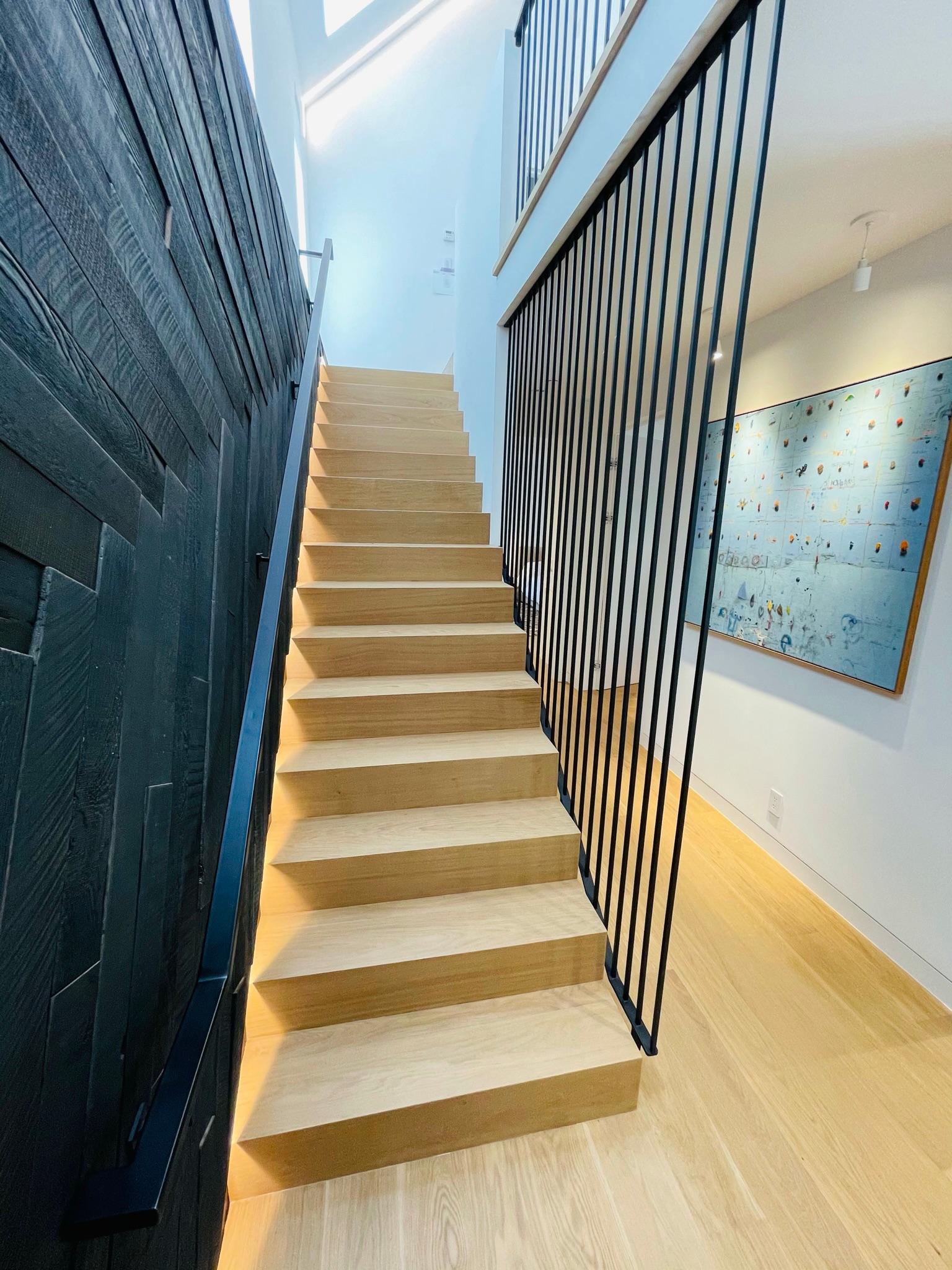 Light wood stairs with black metal railing and black wall cladding