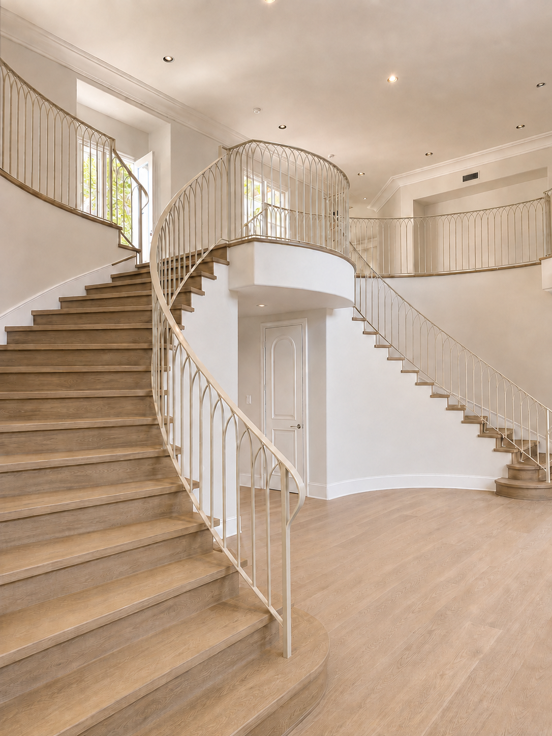 Grand curved staircase with cream railing and light wood flooring
