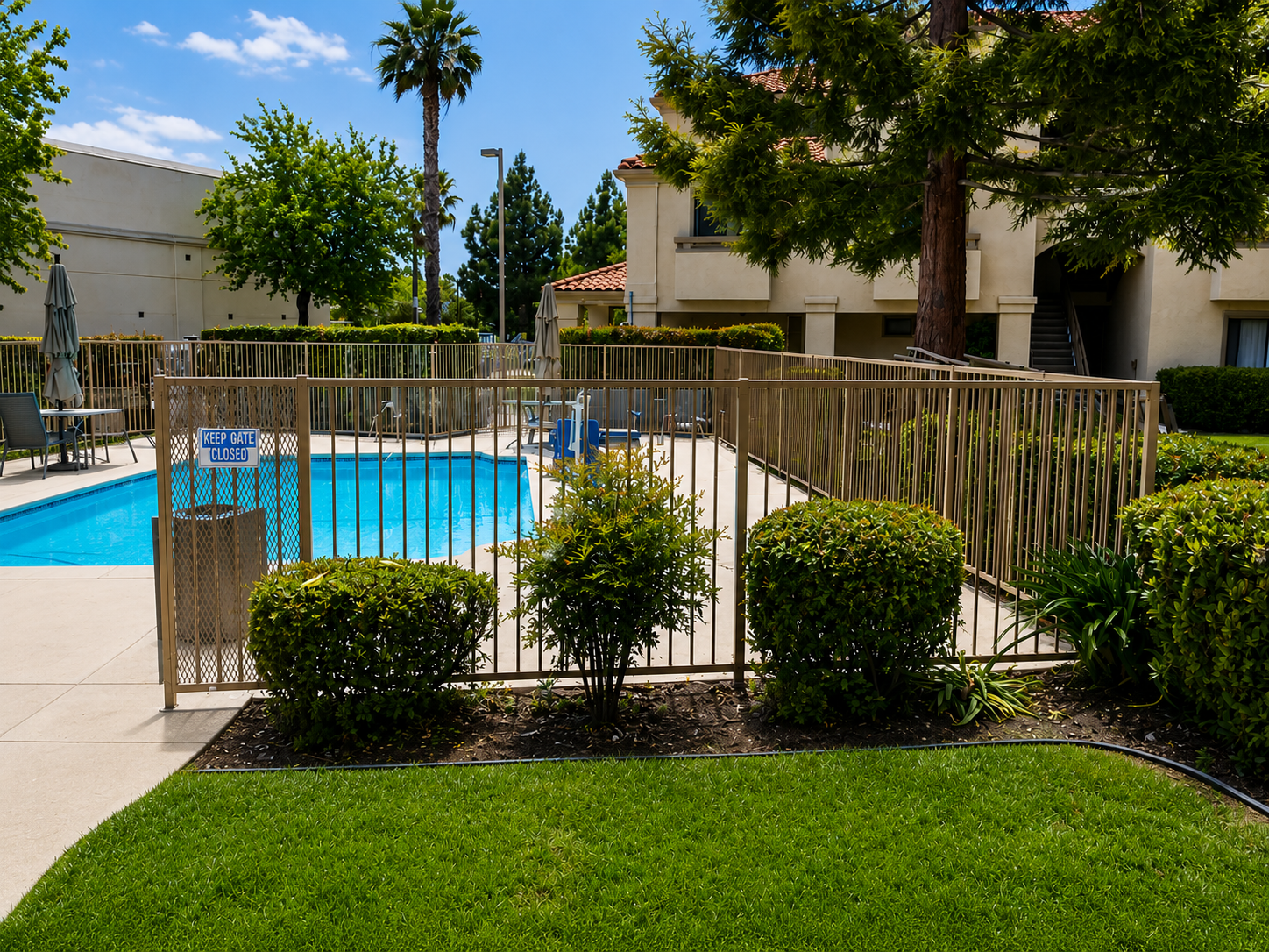 Hotel pool fence and gate with beige metal railing