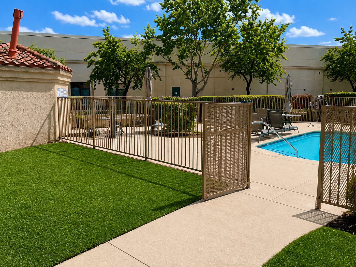 Hotel pool gate and beige railing from walkway