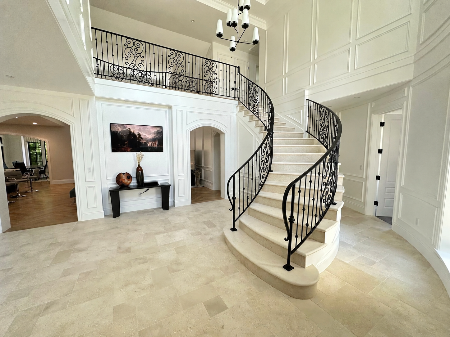 Wide view of ornamental curved stair railing