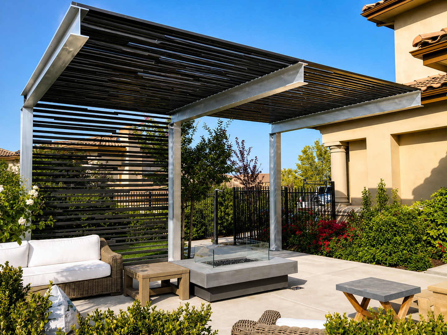 Aluminum trellis over outdoor seating area