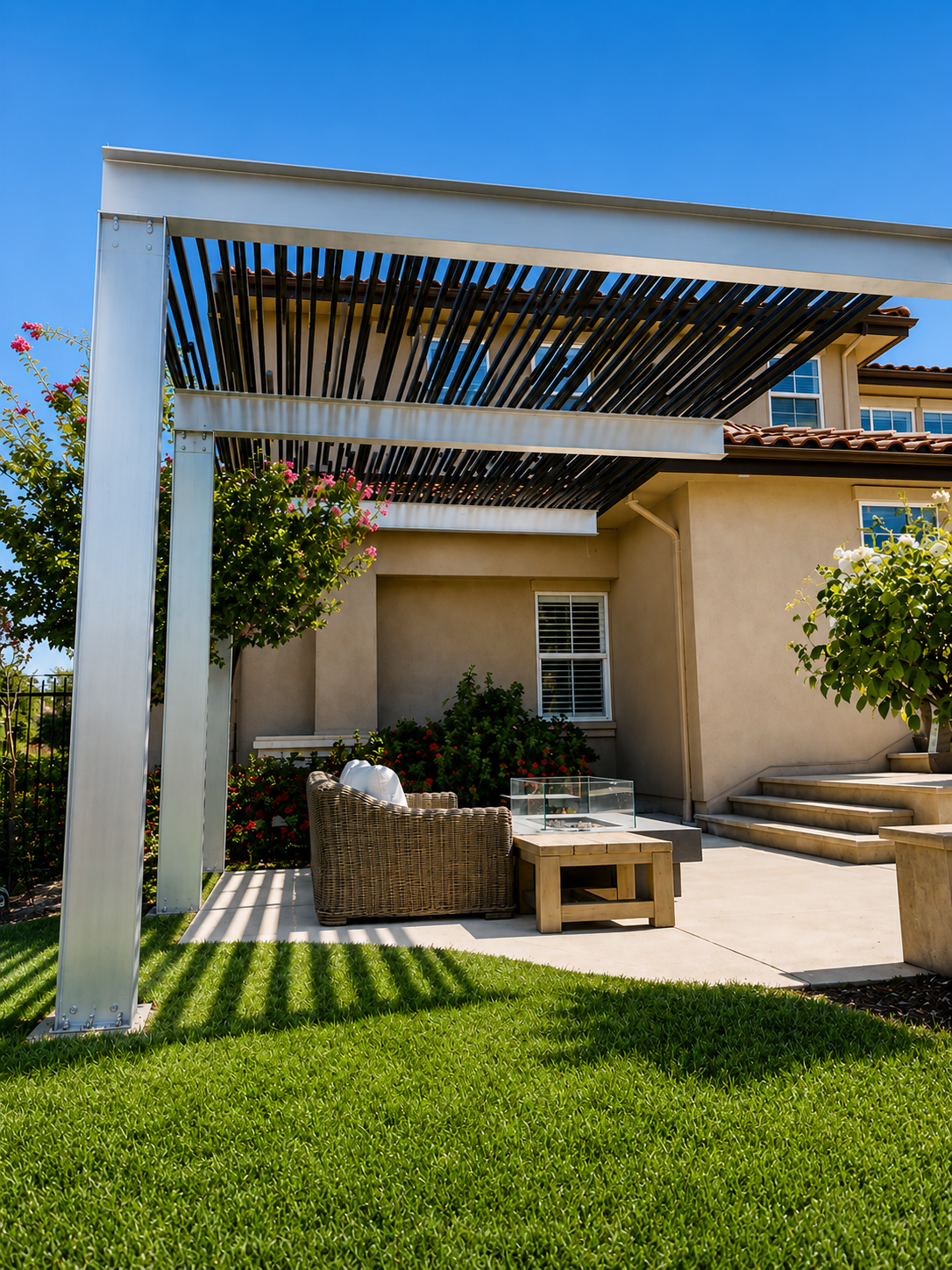 Aluminum trellis patio cover viewed from lawn