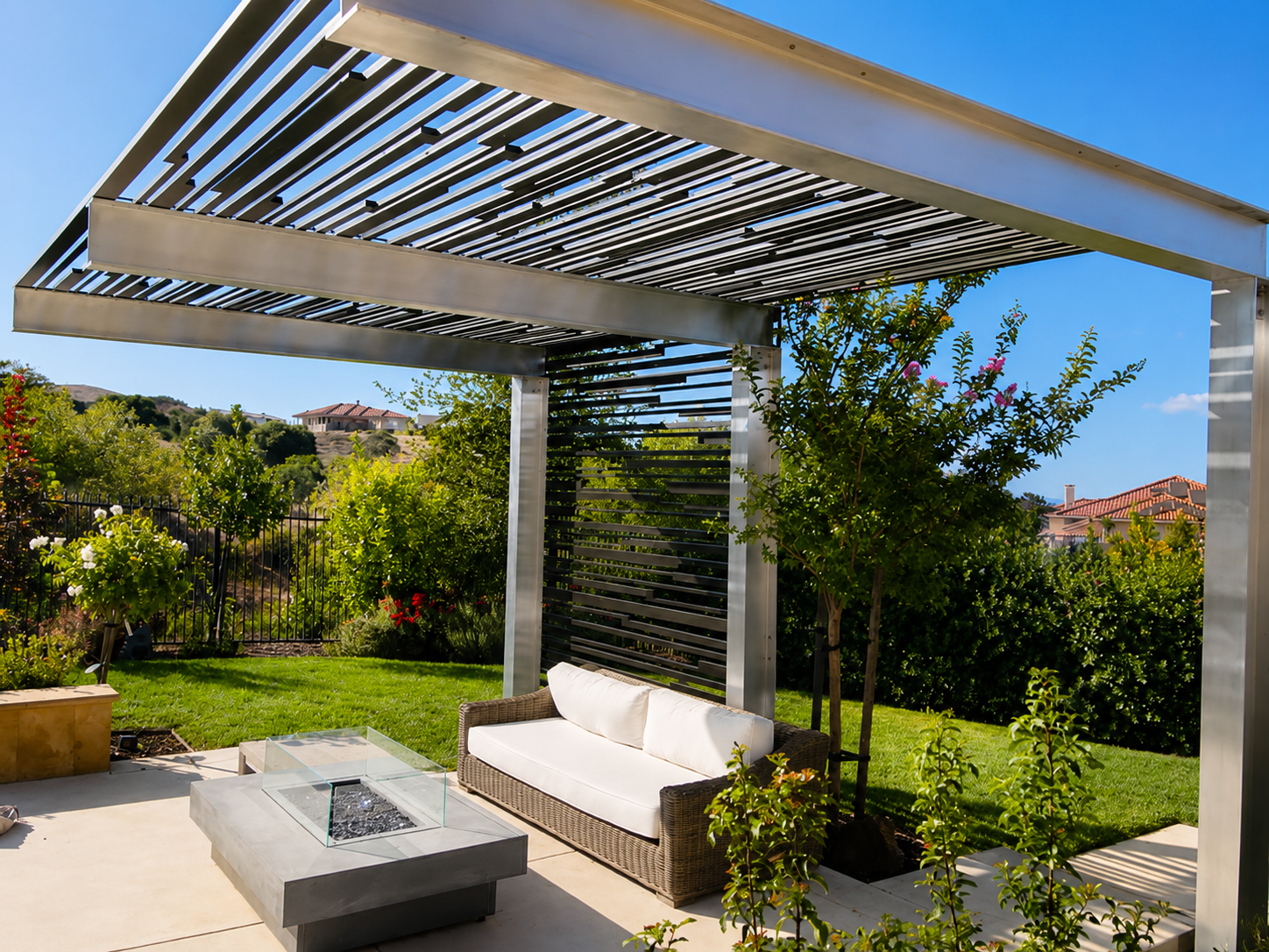 Aluminum trellis shading outdoor lounge area
