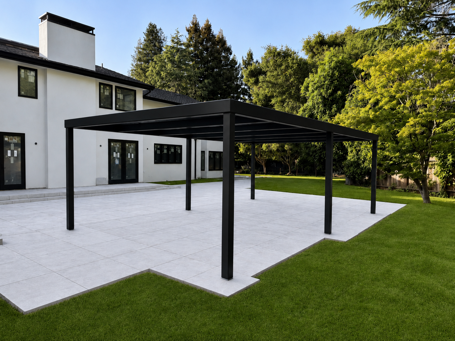 Black trellis frame over tiled patio and lawn