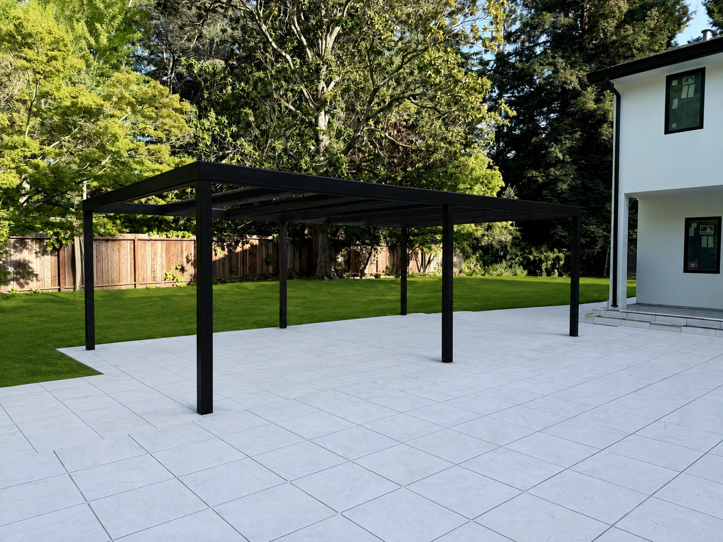 Black trellis frame over tiled patio with green lawn