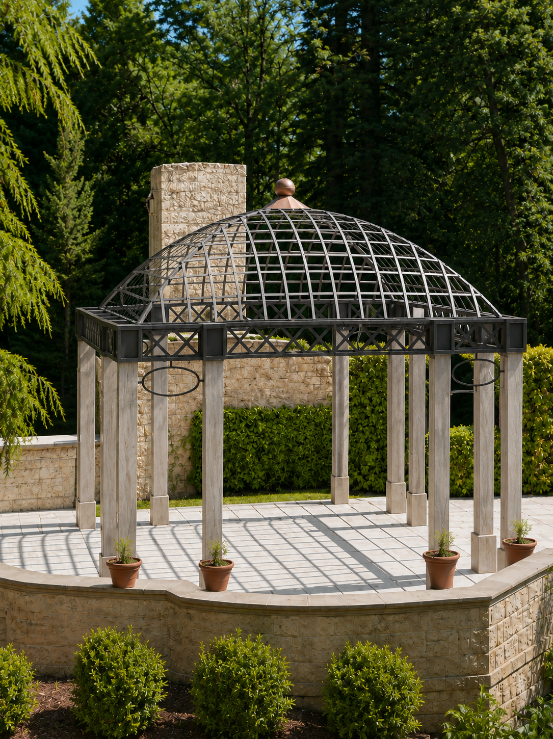 Custom metal gazebo structure in a landscaped garden