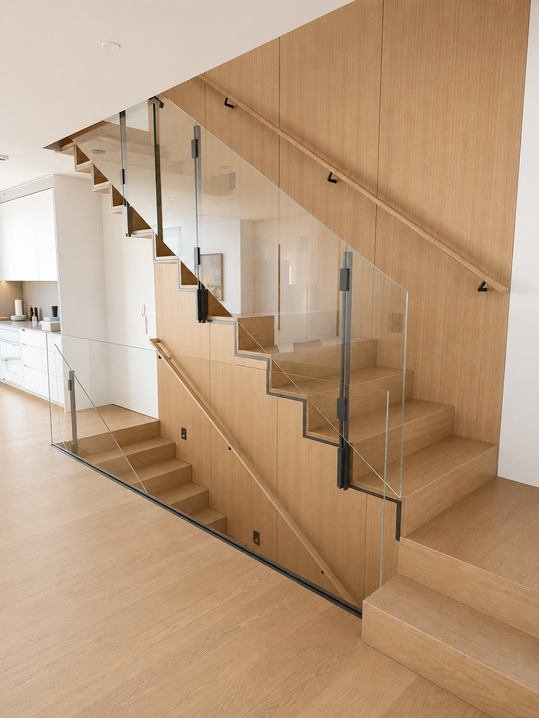 Glass staircase railing with wood wall finish