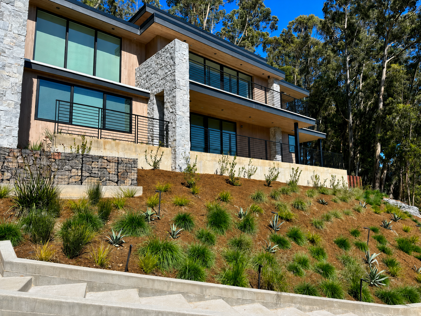 Modern exterior with black metal railings and balcony work