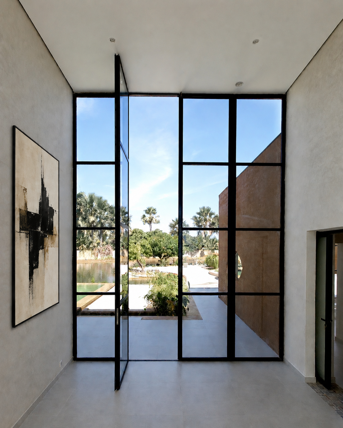 Tall black framed glass entryway